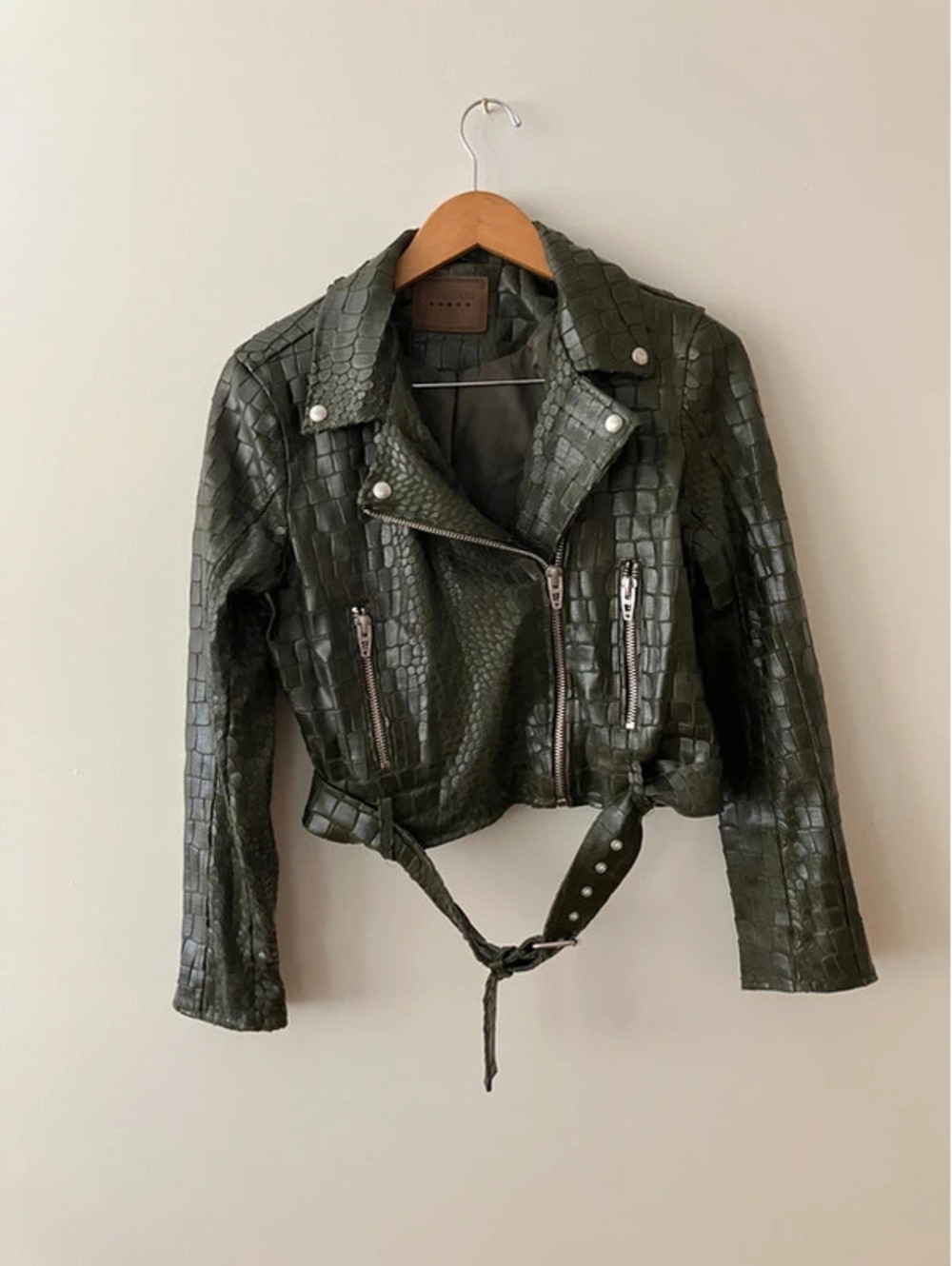 Blank NYC Womens M Croc Embossed Faux Leather Moto Jacket Olive Green Belted